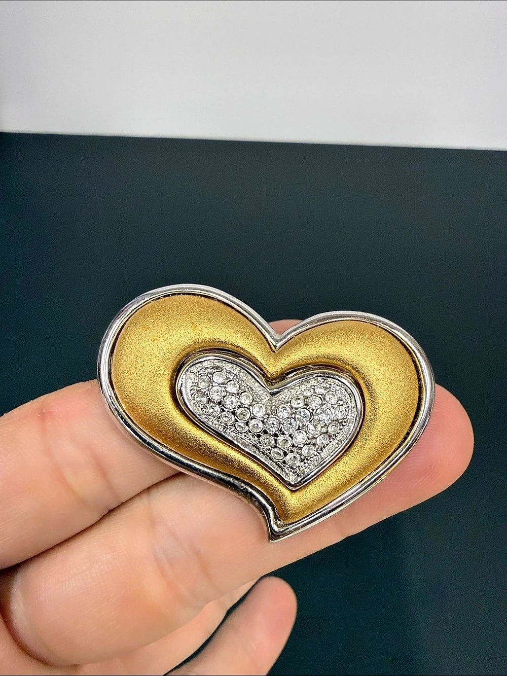 Two-Tone Gold & Silver Heart Brooch Clear Rhinestone Crystal Statement Pin